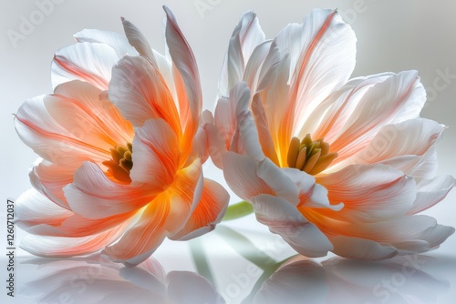 Glowing Petals A Study of Two Translucent Orange and White Tulips on a Luminous White Background