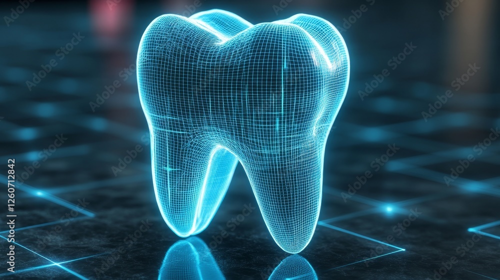 Digital Tooth Hologram Projection on Circuitry Futuristic Oral Healthcare and Technology Concept Digital Tooth Hologram Projection on Circuitry Futuristic Oral Healthcare and Technology Concept