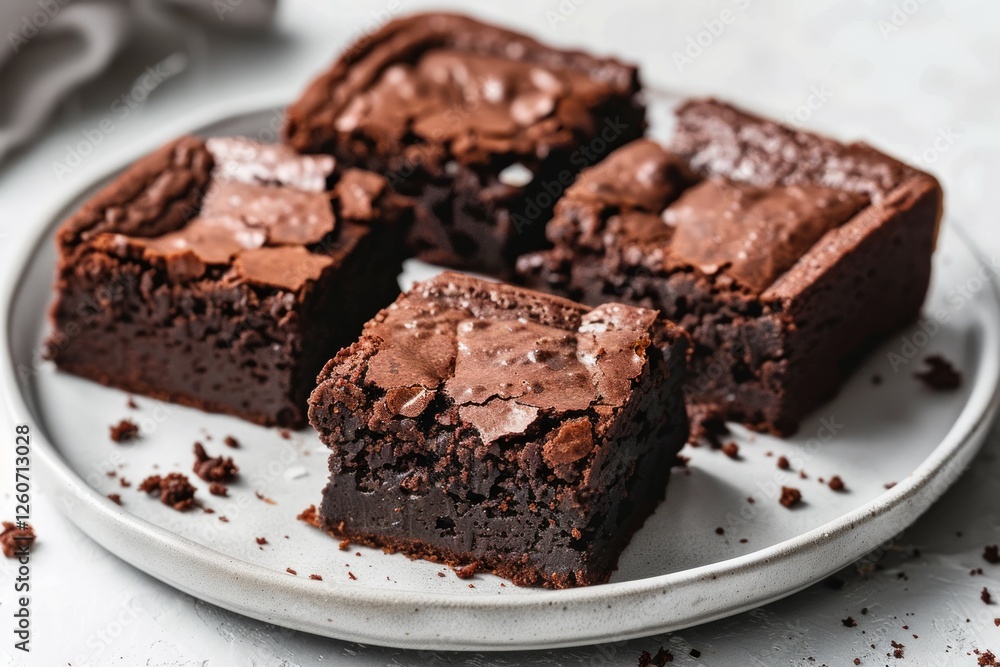 Decadent chocolate brownies on white plate. Artificial intelligence image Decadent chocolate brownies on white plate. Artificial intelligence image