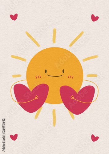 Cute Smiling Sun Hugging Two Heart Shapes Whimsical Love Illustration
