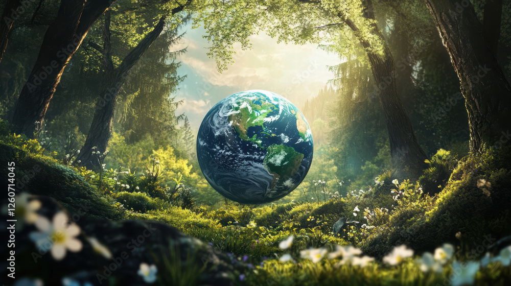 vibrant Earth surrounded by lush greenery and sunlight, symbolizing nature beauty and harmony. scene evokes sense of peace and environmental awareness vibrant Earth surrounded by lush greenery and sunlight, symbolizing nature beauty and harmony. scene evokes sense of peace and environmental awareness