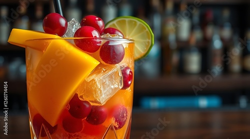 Alcoholic cocktail with mango, cranberries, lime, crushed ice and liquor, dark wooden bar counter background, selective focus
