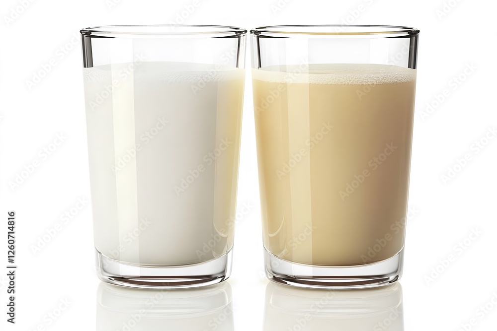 Two Glasses of Milk- White Milk and Creamy Beige Milk in Glass Tumblers Two Glasses of Milk- White Milk and Creamy Beige Milk in Glass Tumblers