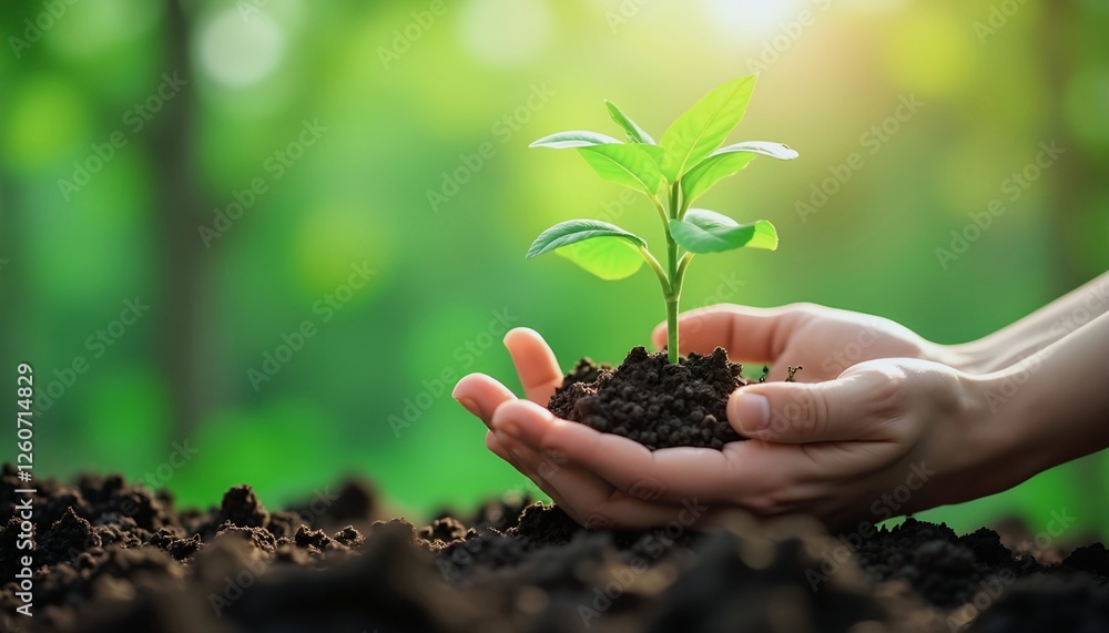 Hand holding and caring green plant over lighting background Hand holding and caring green plant over lighting background