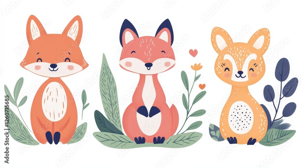 Fototapeta premium Three adorable cartoon foxes surrounded by playful green leaves and flowers