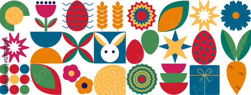 Seamless Easter pattern in modern minimalist style with geometric shapes, eggs. Abstract template for poster, branding, advertising, postcard, prints, banner.