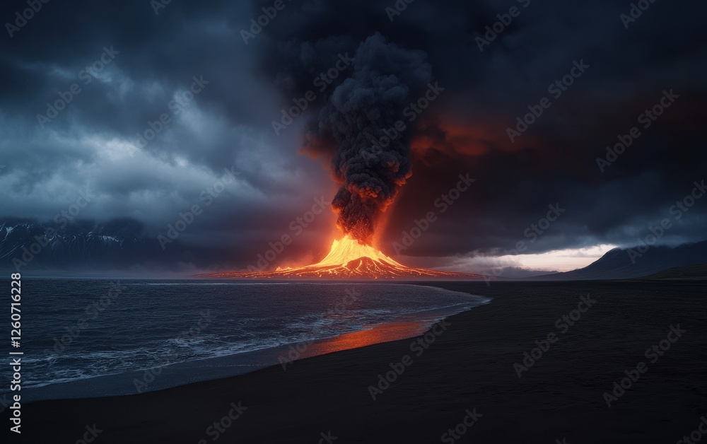 Luminous Lava Under Heavy Clouds: An erupting Icelandic volcano stands tall under a dense cover of dark clouds, with black smoke rising into the sky. Luminous Lava Under Heavy Clouds: An erupting Icelandic volcano stands tall under a dense cover of dark clouds, with black smoke rising into the sky.