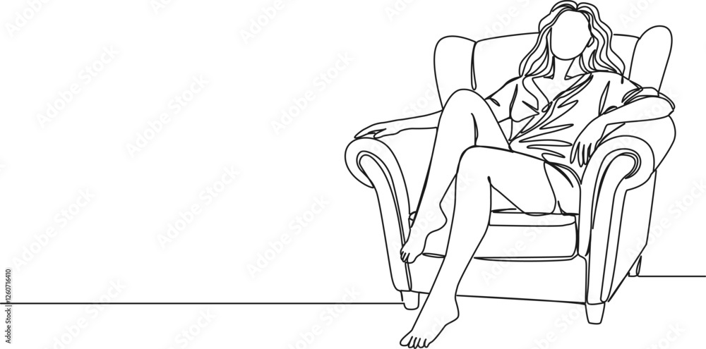 continuous single line drawing of woman relaxing in armchair, line art vector illustration continuous single line drawing of woman relaxing in armchair, line art vector illustration