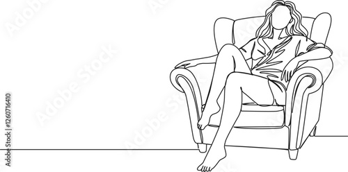 continuous single line drawing of woman relaxing in armchair, line art vector illustration