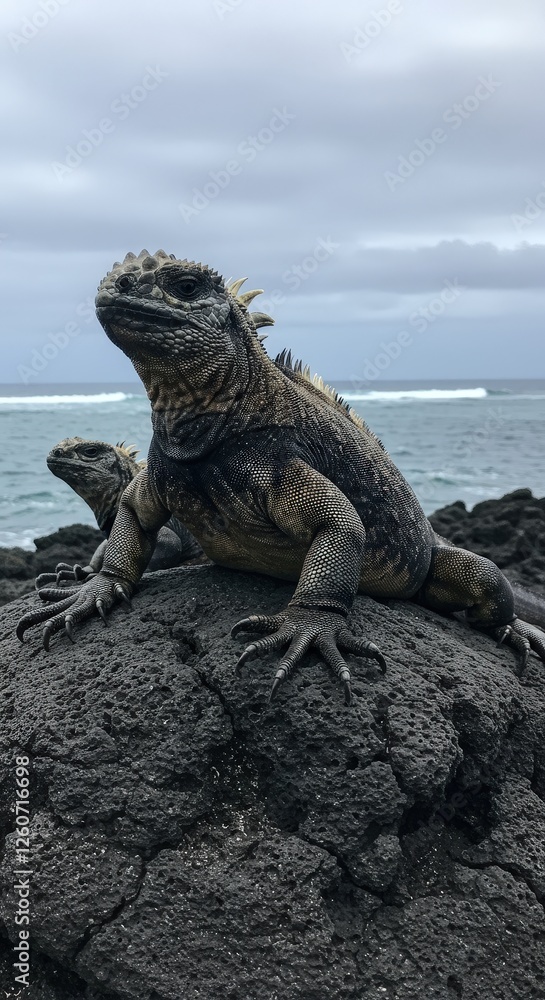 Fototapeta premium Marine Iguanas Basking on Volcanic Rock by the Ocean
