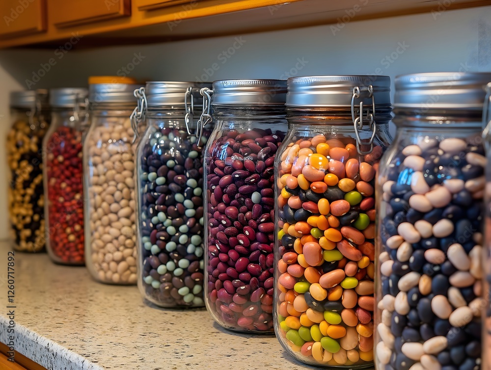 Variety of colorful dried beans in glass jars on granite countertop Variety of colorful dried beans in glass jars on granite countertop