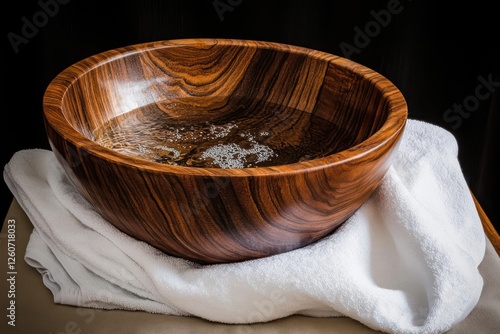 A beautifully crafted wooden bowl filled with water rests on a soft towel, representing the profound act of foot washing, embodying humility, service, and unity among believers