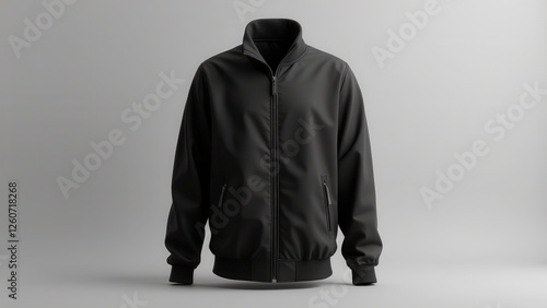 Full zip up jacket mockup with a sleek black design, featuring a high collar and zippered pockets.