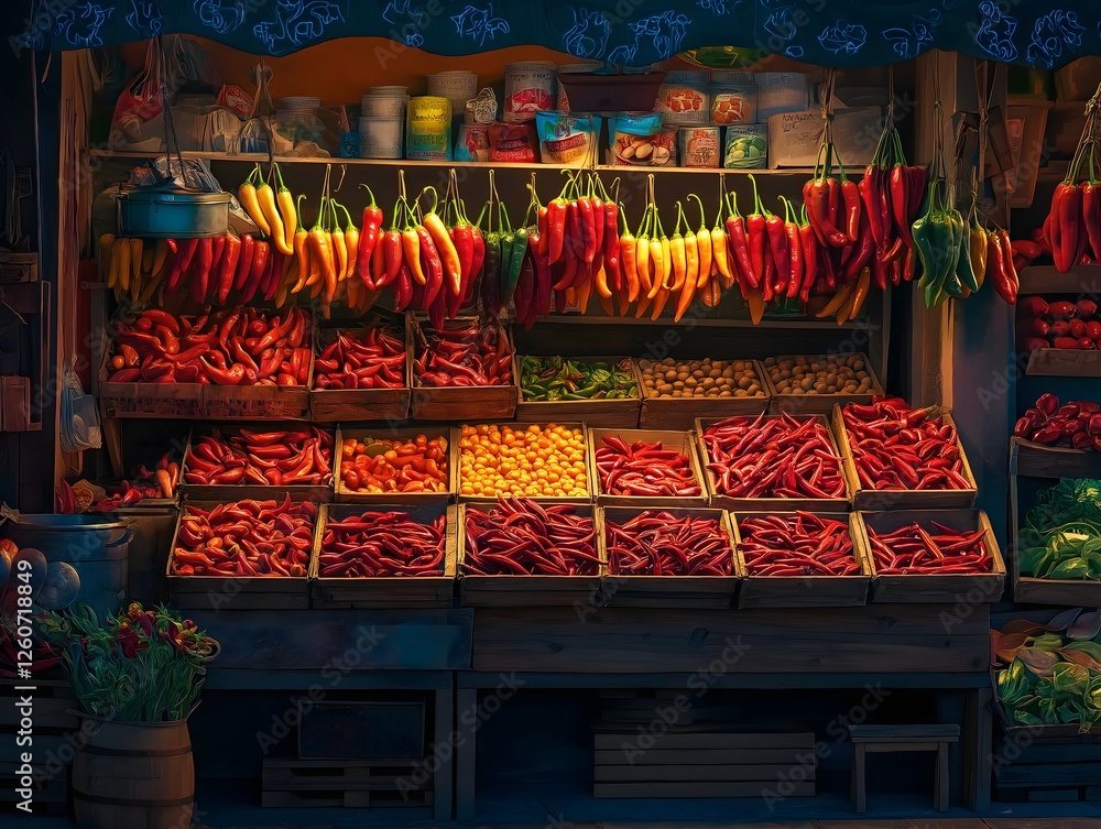 Naklejka premium Freshly Harvested Peppers Displayed at a Vibrant Outdoor Farmers Market