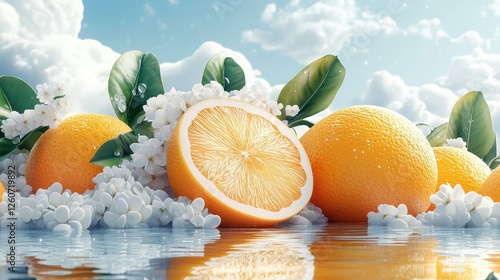 Vibrant Oranges and Blossoms in a Tranquil Water Setting with Reflections Underneath a Bright Clouded Sky