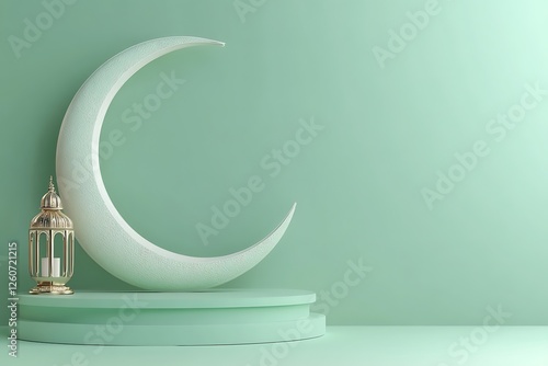 3d rendering image of ramadan and eid fitr theme greeting background with islamic decoration objects.3d Ramadan Kareem with golden moon star and lantern  mosque door islamic pattern  arabic coffee 