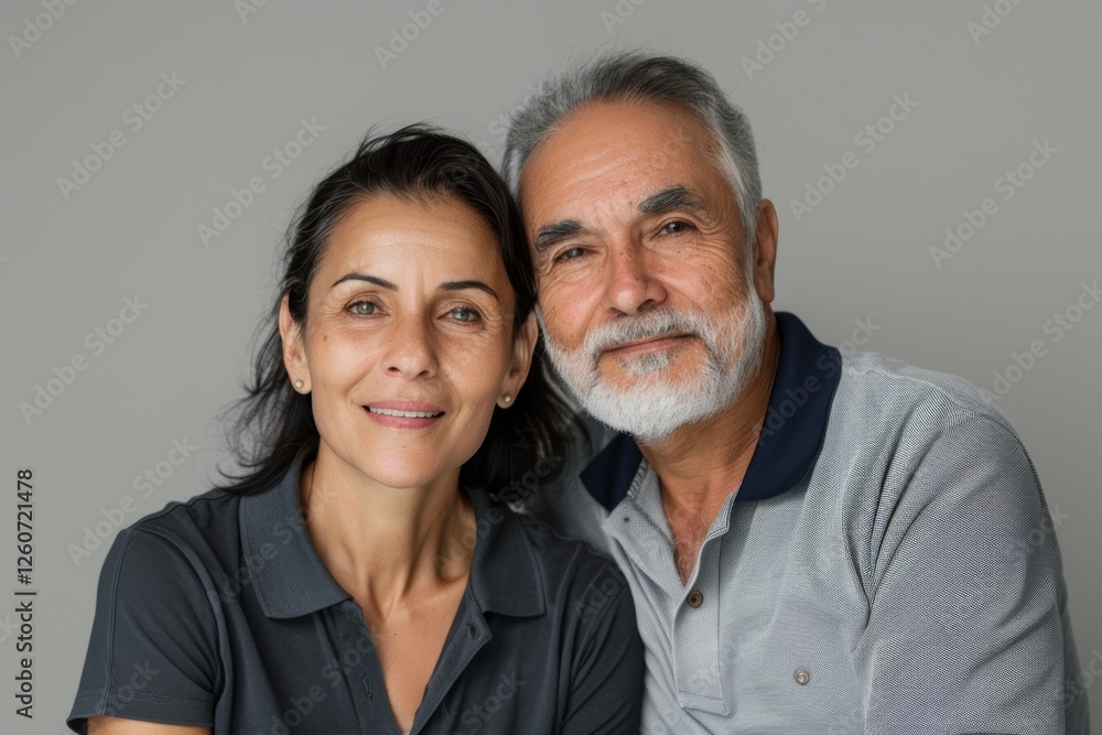 Portrait of a satisfied multicultural couple in their 60s donning a classy polo shirt while standing against plain white digital canvas Portrait of a satisfied multicultural couple in their 60s donning a classy polo shirt while standing against plain white digital canvas