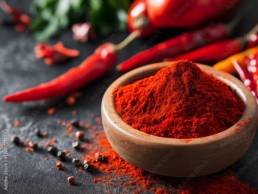 Red chili powder in a bowl, with peppers and peppercorns Red chili powder in a bowl, with peppers and peppercorns