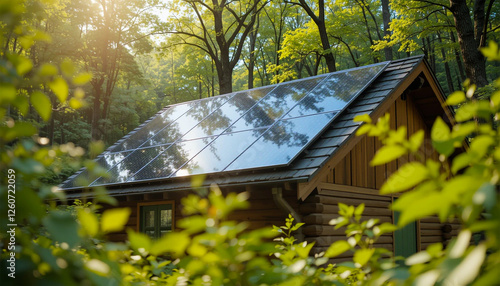 Solar panels on modern house roof with green trees
