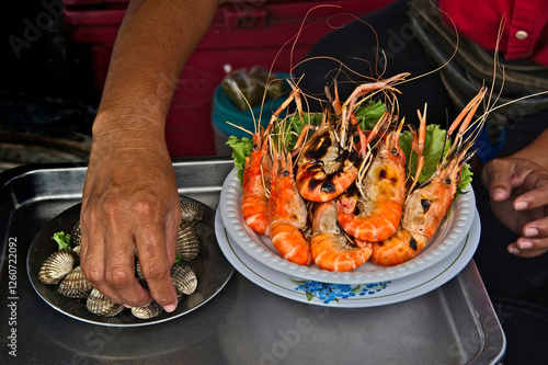 Prawns and mussels at an Asian market photo