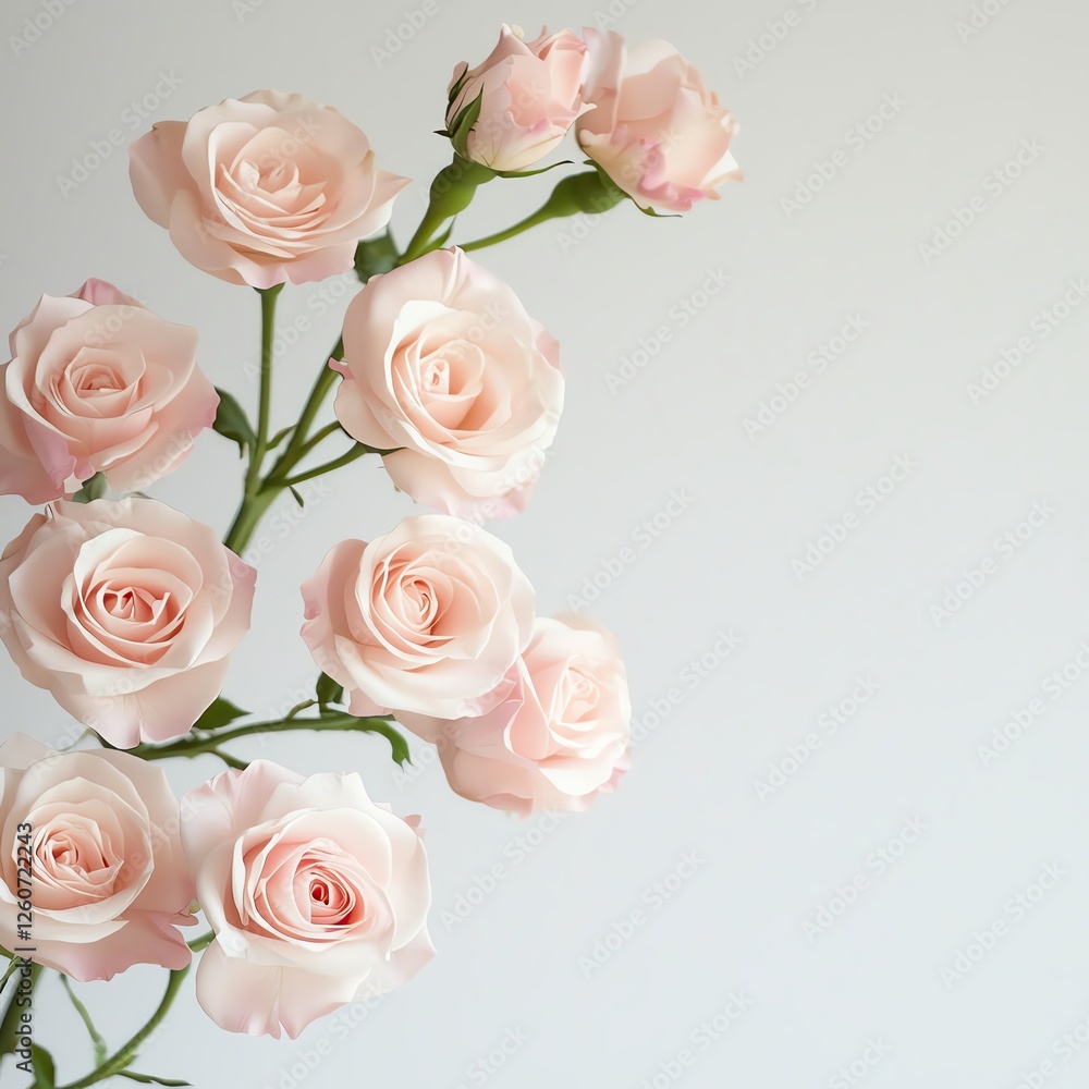 Obraz premium white studio background. There's a woman in her 30s twirling and out of motion. She's wearing light pink loose dress and completely blurry in the picture. there are light pink roses hanging from the c