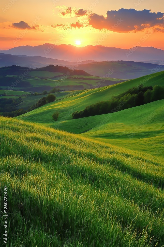 Scenic rolling green hills covered in lush grass, bathed in soft sunlight. A tranquil natural landscape with gentle slopes, creating a peaceful and picturesque countryside view Scenic rolling green hills covered in lush grass, bathed in soft sunlight. A tranquil natural landscape with gentle slopes, creating a peaceful and picturesque countryside view