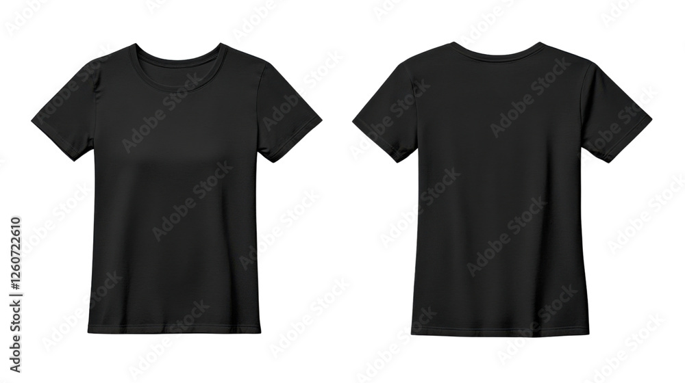 Black t-shirt mockup featuring front and back views on transparent background Black t-shirt mockup featuring front and back views on transparent background