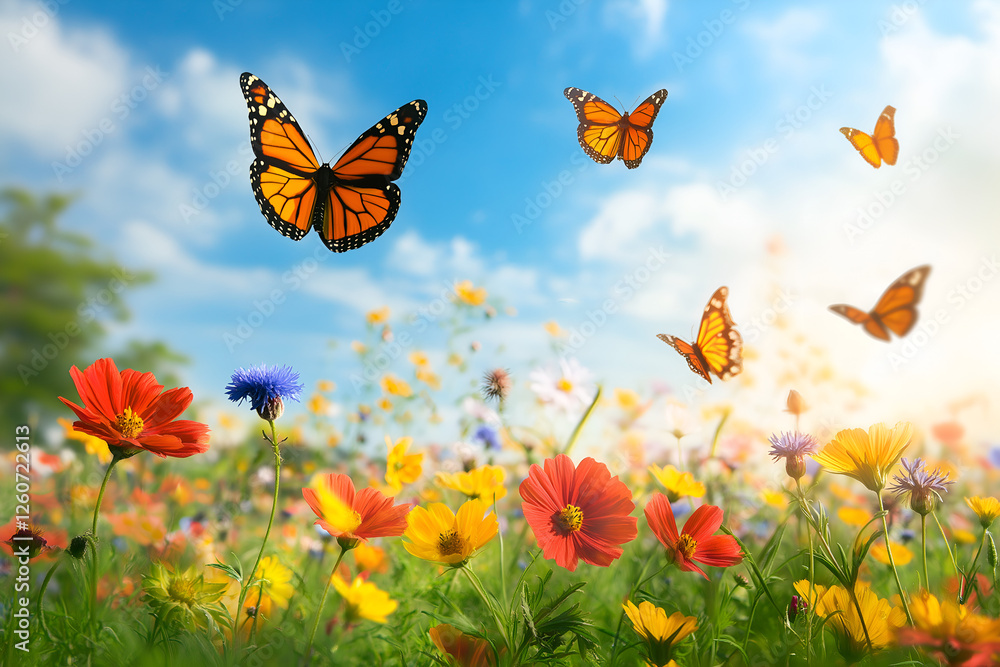 A field of wildflowers with butterflies flying around. A field of wildflowers with butterflies flying around.