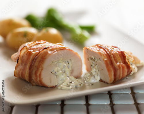 Chicken breast stuffed with cheese and herbs and wrapped in pancetta photo