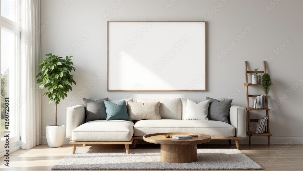 Fototapeta premium Living room mockup for art with a blank frame above a beige sofa, surrounded by modern decor.
