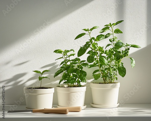 Three basil plants in white pots, sunny indoor setting, gardening photo