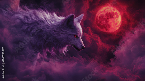 Blood Moon Wolf Gazing at the Crimson Sky photo