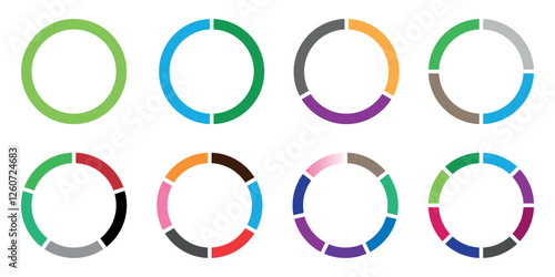 Pie chart, Circle diagram collection with 1 to 15 sections or parts different color circles. data analysis, web design, ui or presentation. Vector illustration isolated on white background.  