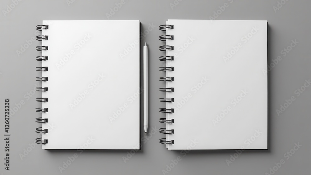 Notebook mockup front and back with a pen in between on a gray background. Notebook mockup front and back with a pen in between on a gray background.