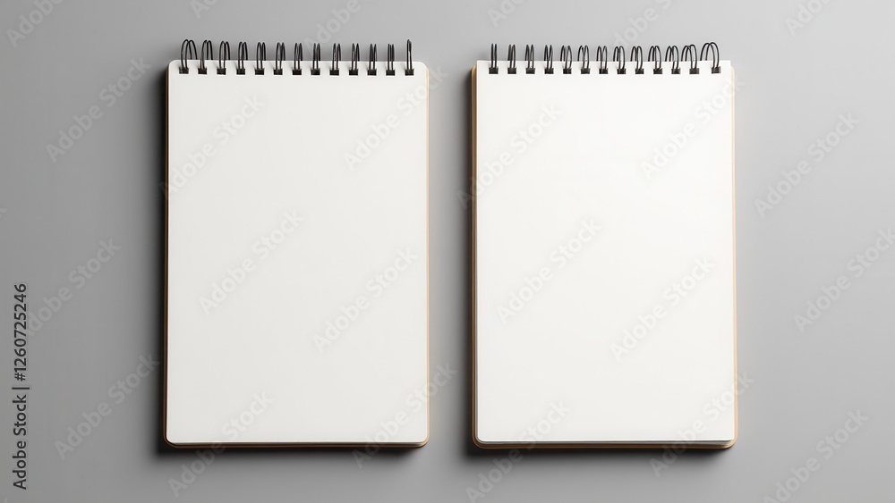 Notebook mockup front and back with spiral binding on a gray background. Notebook mockup front and back with spiral binding on a gray background.