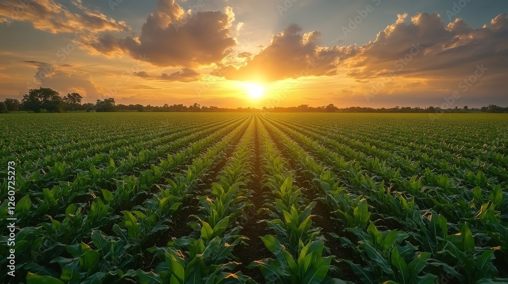 Cornfield at sunset creating leading lines in crop rows Cornfield at sunset creating leading lines in crop rows