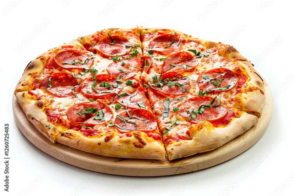 Fresh pepperoni pizza with basil on white background. Artificial intelligence image Fresh pepperoni pizza with basil on white background. Artificial intelligence image