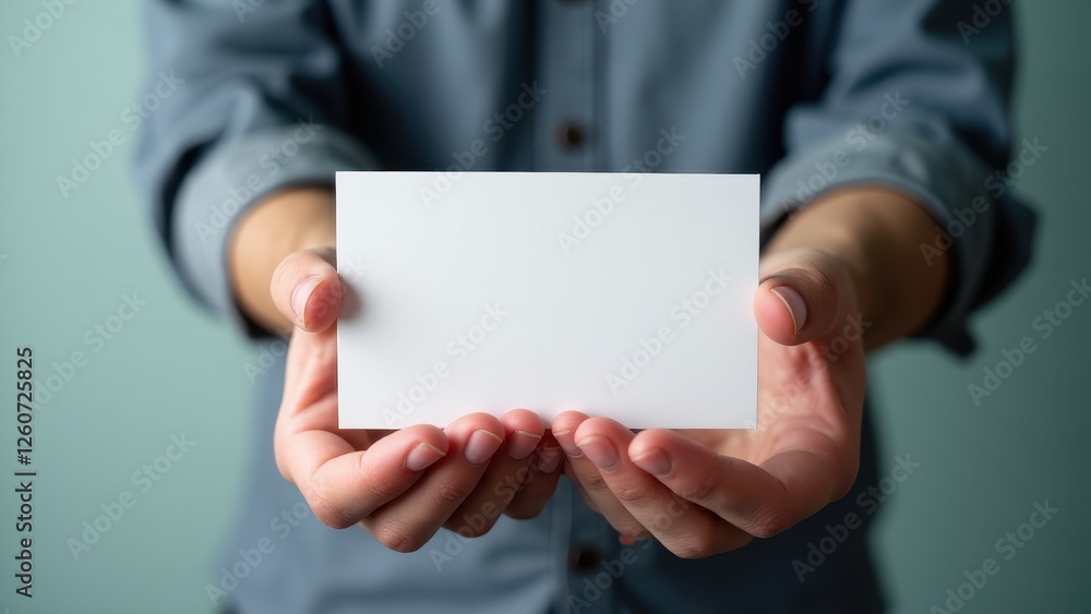 Person holding business card mockup with both hands, wearing a blue shirt. Person holding business card mockup with both hands, wearing a blue shirt.