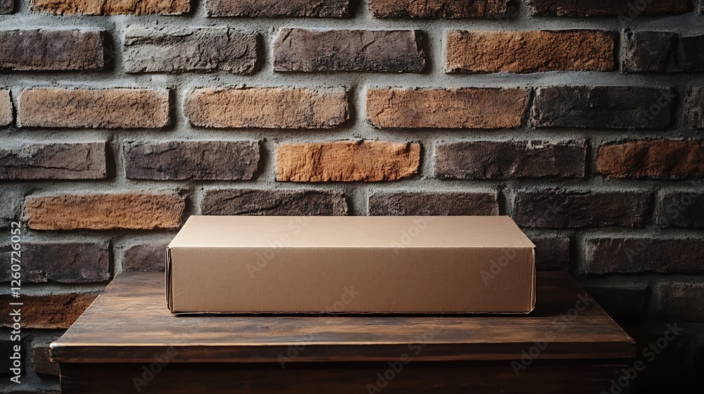 Blank cardboard box on wooden table in front of brick wall background Blank cardboard box on wooden table in front of brick wall background