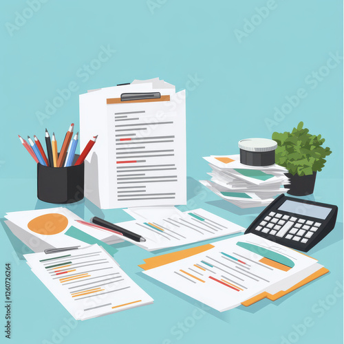 Organized financial documents on desk with stationery, calculator, and plant. scene conveys sense of productivity and order in workspace