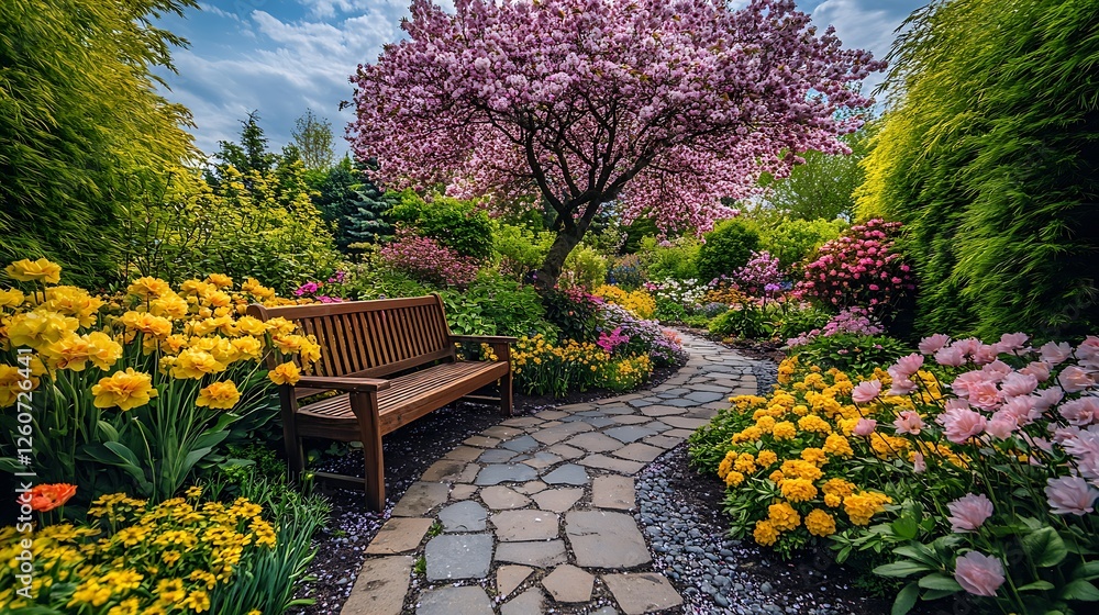 Obraz premium Spring garden path, blooming flowers, bench, peaceful scene