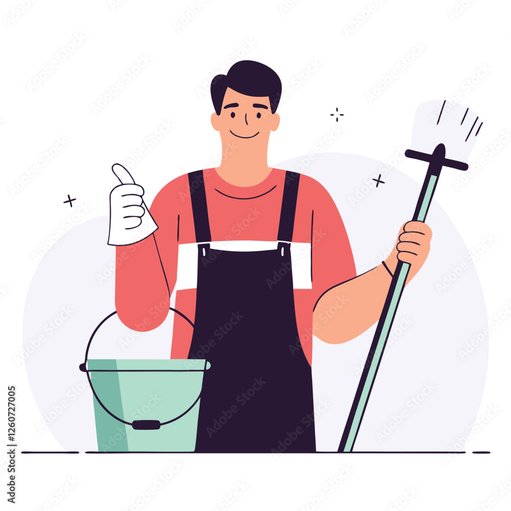 Happy Labor Day. Smiling Janitor with Mop and Bucket work team pride worker Happy Labor Day. Smiling Janitor with Mop and Bucket work team pride worker