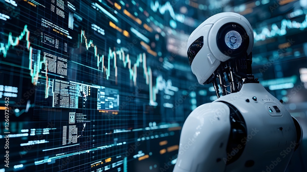 Futuristic Robot Trader Analyzing Financial Markets with AI-Powered Algorithms and Data Visualizations Futuristic Robot Trader Analyzing Financial Markets with AI-Powered Algorithms and Data Visualizations