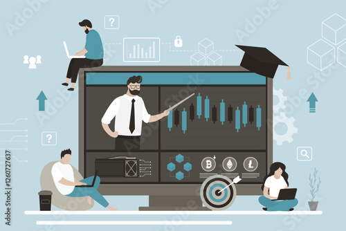 Financial literacy education and crypto market. Group of students learning at trading school or academy. Business coach or teacher talking about crypto trading, investment.
