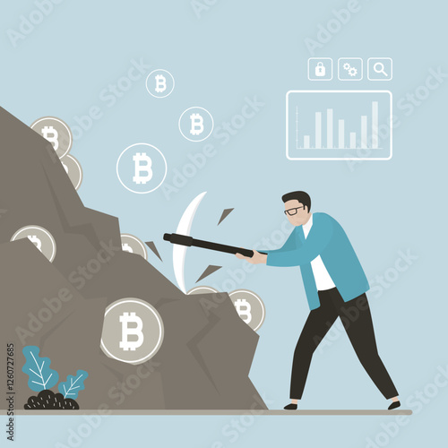 Mining money, collect money. Businessman investor uses pickaxe to get bitcoins in stone. Miner extracting cryptocoin out of rock. Concept of bitcoin or cryptocurrency mining