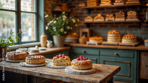 Wallpaper Mural Delicious cakes in rustic kitchen. Freshly baked desserts. Sweet treats display. Torontodigital.ca