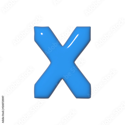 A glossy 3D rendering of the letter X presented in a light blue hue against a stark white background Modern typeface is used for digital display