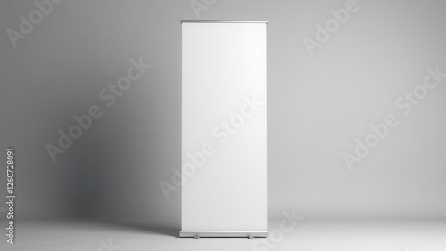 Obraz na płótnie Roll up banner stand mockup in a minimalistic setting with a blank white banner and a gray background. w salonie