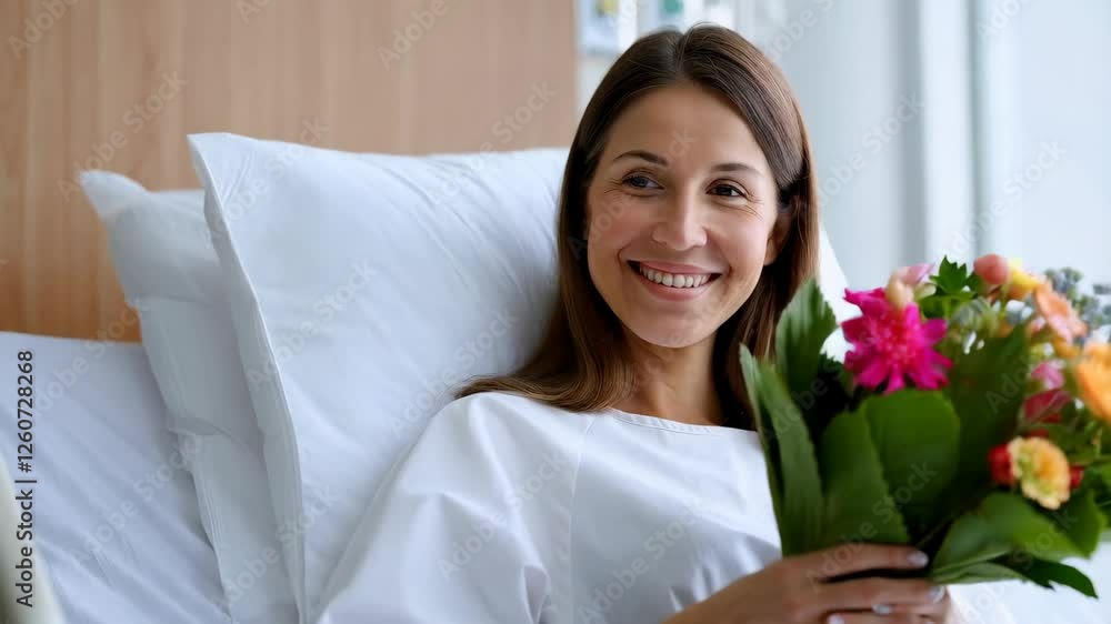 Joyful patient receiving flowers in hospital bed celebrating recovery with bright smiles and happiness Joyful patient receiving flowers in hospital bed celebrating recovery with bright smiles and happiness