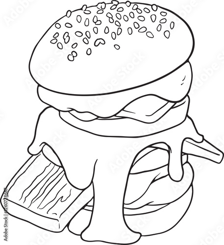 Hand-drawn black and white vector illustration of delicious cheeseburgers with melted cheese, lettuce, and sesame seed buns. Perfect for coloring pages, food illustrations, and restaurant designs.